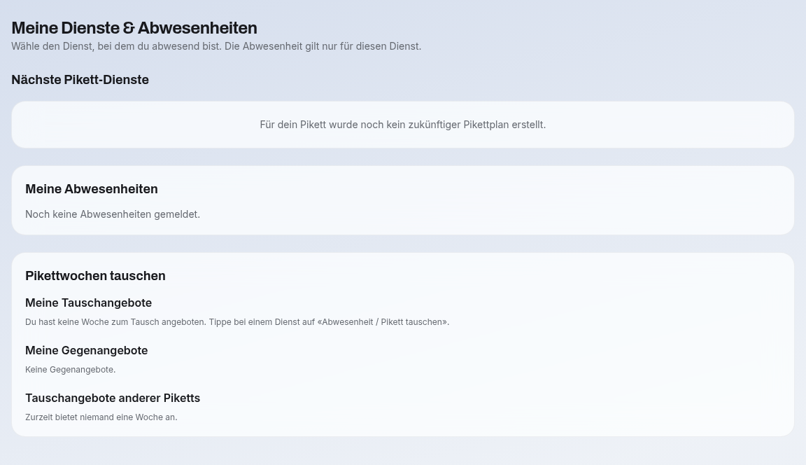 Dienste und Abwesenheiten – anonymisierte Testansicht